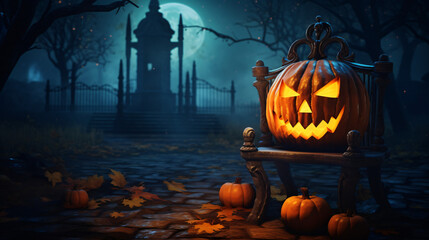 Spooky Jack-O-Lantern Pumpkin on Chair in Nighttime Garden for Halloween