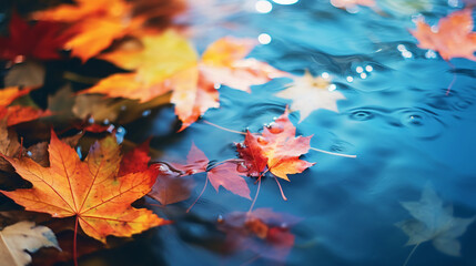 Colorful autumn leaves floating in pond or lake water. Autumn leaves in a rain puddle during a sunny day. October weather and November nature background.

Generative AI.