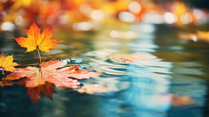Colorful autumn leaves floating in pond or lake water. Autumn leaves in a rain puddle during a sunny day. October weather and November nature background.

Generative AI. - obrazy, fototapety, plakaty