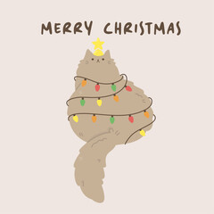 Christmas Tree with lights, cute Cat Kitten cartoon character. A Cute Kitten, Greetings card. Flat design Vector illustration. Xmas, Doodle, flat, cartoon style. Kid, baby, kawaii
