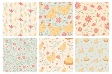 Fototapeta na wymiar Cute Farm Chickens Vector Semless Patterns: Versatile and Charming Illustrations for Greeting Cards, Invitations, Wallpapers, Crafts, and Creative Projects - High-Quality Royalty. Floral, flowers