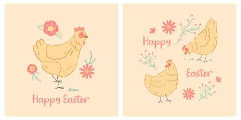 Cute Farm Chickens Vector Graphics: Versatile and Charming Illustrations for Greeting Cards, Invitations, Wallpapers, Crafts, and Creative Projects - High-Quality Royalty. Happy Easter