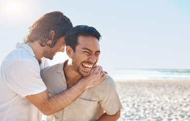 Love, laugh and gay couple, men on beach with hug and smile on summer vacation together in...