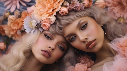 The elegant fashion women are enveloped by vibrant flowers and feathers, showcasing surreal fashion photography. These multi-racial young women are adorned with makeup. Girls are garbed in decorative 