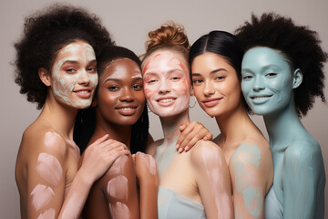 people of different ethnic backgrounds, with facial moisturizing masks, celebrating diverse beauty Generative AI