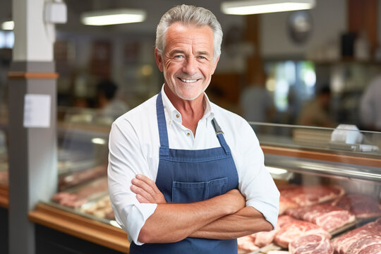 Happy Middle-aged Man, Successful Owner Of A Small Business, Owner Of Butcher Shop, Smiling At Camera