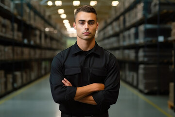 Confident American Warehouse Security Guard in Black Uniform