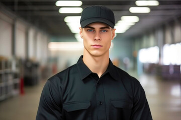 Professional Warehouse Security Personnel in Stylish Black Attire