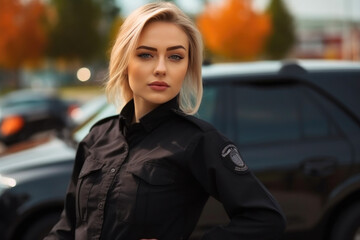 Naklejka na ściany i meble Confident Young Female Armed Security Guard in Black Uniform