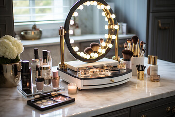 well-lit vanity with an elegant make-up mirror, surrounded by various makeup products and accessories Generative AI