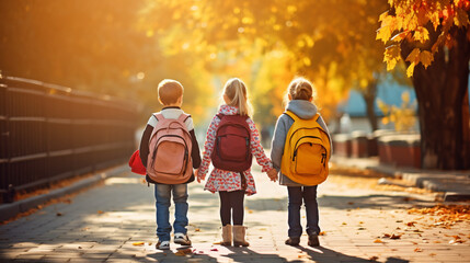 "Back to school. Joyful children prepared for elementary education. Students on their first day back. Boys and girls carrying backpacks. Educational imagery for kindergarten and preschool children. Ph