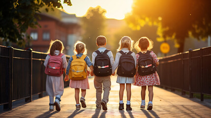 "Back to school. Joyful children prepared for elementary education. Students on their first day back. Boys and girls carrying backpacks. Educational imagery for kindergarten and preschool children. Ph