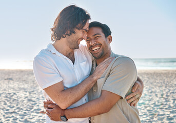 Love, hug and gay men on beach, smile and laugh on summer vacation together in Thailand. Sunshine, ocean and island, happy lgbt couple embrace in nature for fun holiday with pride, sea and sand.