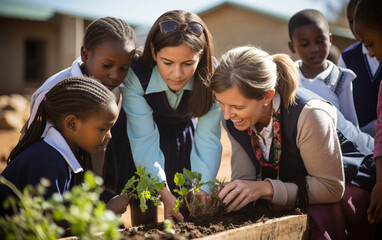 School teacher in school garden with african american diversity children doing gardening, back to school concept