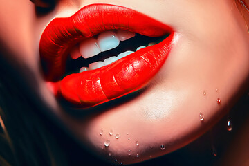 Obraz premium Close-up of a woman's red lips with her mouth slightly parted, made with generative ai