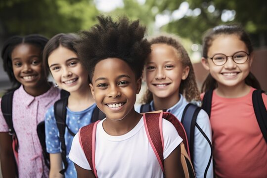 child girl school group portrait student boy education happy elementary pupil friend young kid smiling caucasian female together childhood little class classroom generative ai