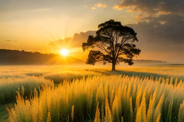 Obraz premium Abstract soft focus sunset field landscape of yellow flowers and grass meadow warm golden hour sunset sunrise time