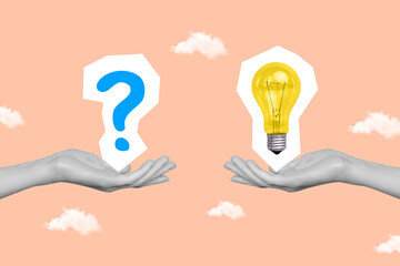 Poster banner collage magazine of two human arms hold lamb question mark choice dilemma solution answer isolated on drawing background