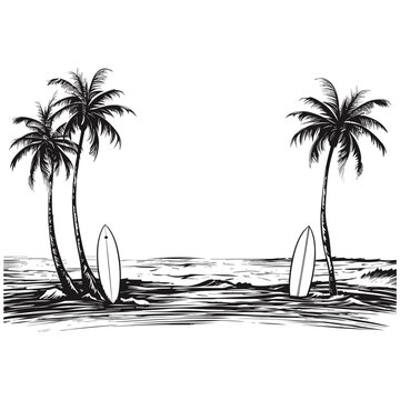 Panoramic beach view. Vector illustration of seaside promenade with palms, isolated on white background.
