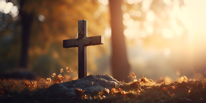 Christian wooden cross on a background with dramatic lighting, Jesus Christ cross, Easter, resurrection concept. Christianity, Religion copyspace background