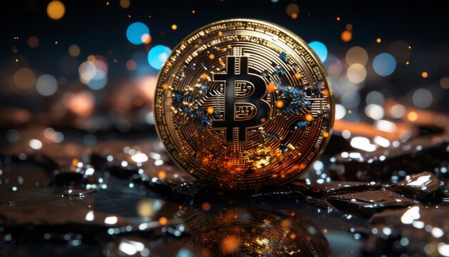 bitcoin glittering with highlights on a black glossy surface 