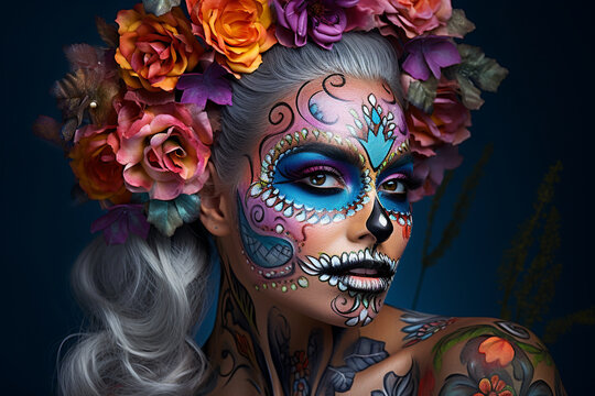 Create a visually striking scene of adults gathering around a grand Day of the Dead altar, with their beautifully designed makeup as a tribute to the departed."