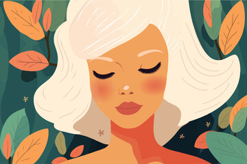 Pretty young Caucasian woman portrait in an autumn garden. One beautiful blonde lady feeling sad. Vector illustration