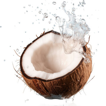 Water jet sprays coconut on transparent background