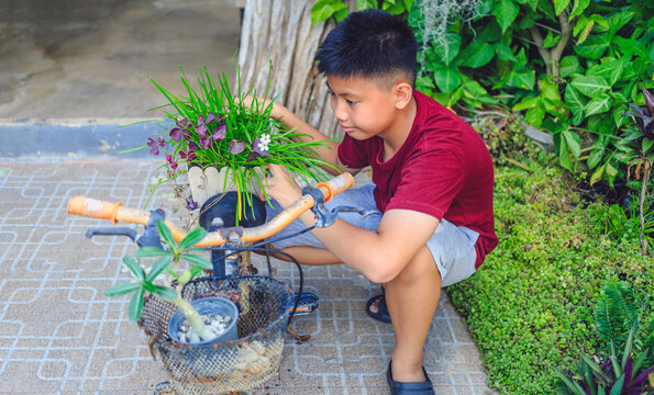 Asian boys have found old bicycles by turning them into flower pots for their homes.This creative idea not only makes use of discarded items but also creates a beautiful and sustainable garden design