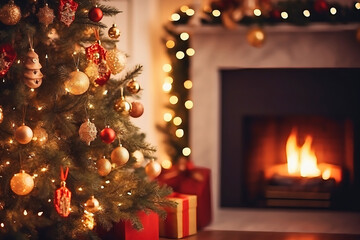 Winter holiday atmosphere in a warm room with a Christmas tree full of lights and toys near a cute fireplace with gifts. Christmas interior. New Year's design. Blurred background. Selective focus.