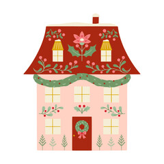 Vector Christmas decorated house illustration in folk art style