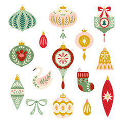 Vector Christmas folk art ornaments illustration set