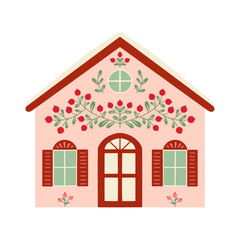 Vector Christmas decorated house illustration in folk art style
