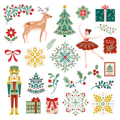 Vector Christmas folk art ornaments illustration set - obrazy, fototapety, plakaty