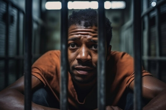 African American man stands behind prison cell bars and looks at camera. Prisoner serves imprisonment term in jail. Criminal in correctional facility or detention center. portrait.