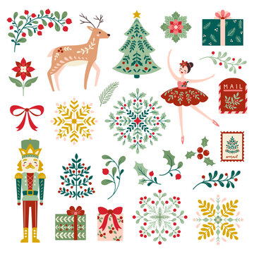 Vector Christmas folk art ornaments illustration set