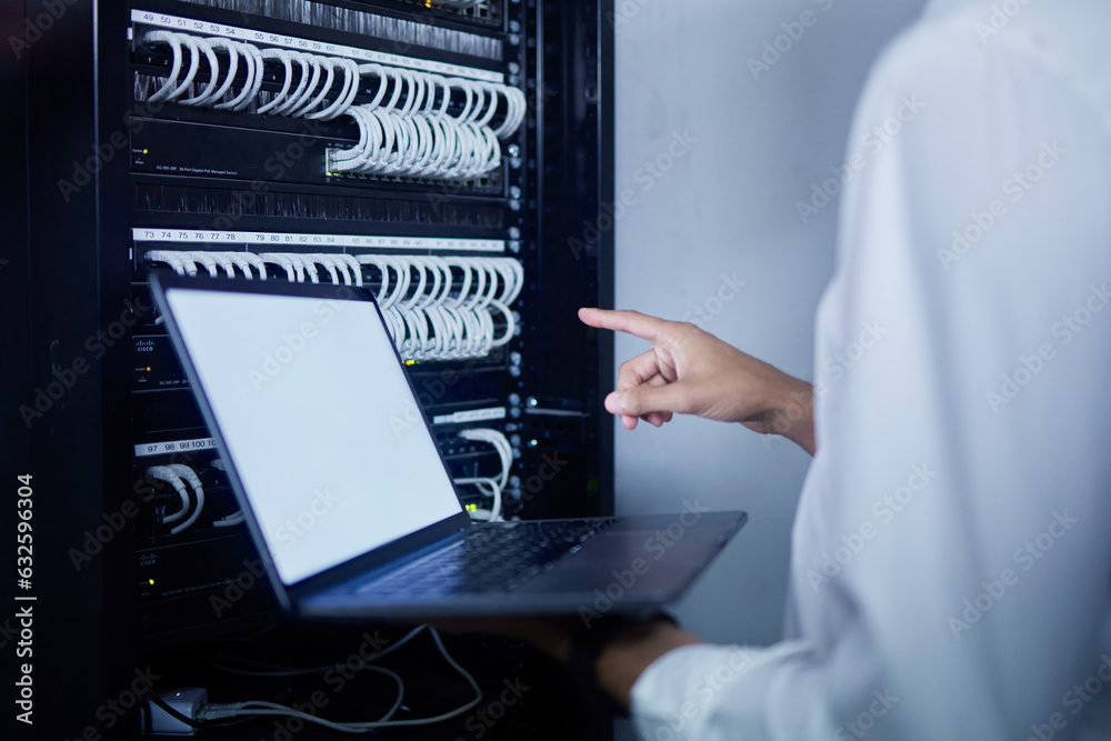 Aufkleber Laptop, pointing hand and server room person, technician or programmer problem solving cloud computing network. Cybersecurity, mockup screen and closeup worker troubleshooting cable system connection