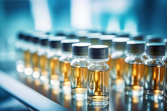 Glass vials for liquid samples. Laboratory equipment for dispensing fluid samples. Shallow depth of field.