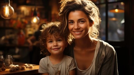 Fototapeta na wymiar Joint photo of mother and daughter in a café. Generated by AI