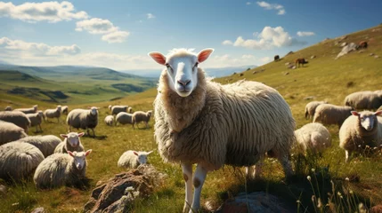 Fotobehang Sheep graze on green mountains. Generated by AI © DigitalMuseCreations