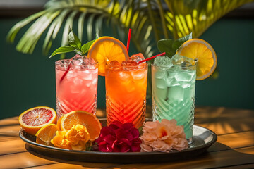Colorful tropical juices and cocktails from Summer Travel and Vacation Fun lined up at the hotel poolside and bar. Travel concept.