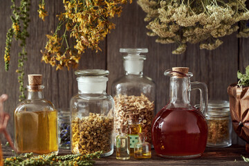 Bottles of tinctures and oils with dry herbs hanging over them