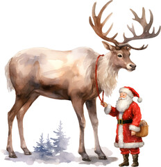 watercolor illustrations of Christmas elements featuring Santa, Rudolph, and gift surprises.