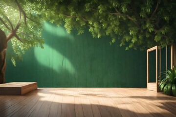 Empty wooden terrace with green wall 3d render, There are wood plank floor with tropical style tree garden background sunlight shine on the tree 3d rendering 