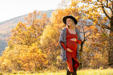 Pregnant healthy walk at sunny autumn day