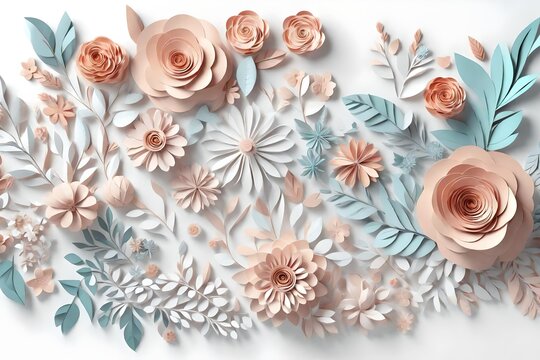 3d render, horizontal floral pattern. Abstract cut paper flowers isolated on white, botanical background. Rose, daisy, dahlia, butterfly, leaves in pastel colors. Modern decorative handmade design 3d 