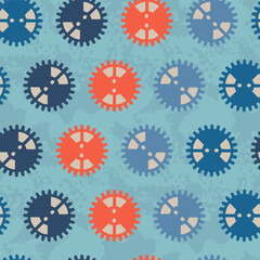 Technical gear wheels in vintage industrial blue red orange