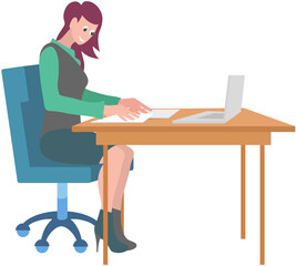 Business woman or clerk working on computer at desk. Lady sitting at workplace in office. Company employee during work with laptop. Girl worker typing on keyboard. Female character doing job
