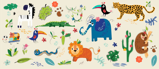 Set of animals Zebra, pelican, turtle, snake, cactus, crocodile, sloth, elephant, leopard, cactus, liana  objects and textures. Hand-drawn art for poster, card or background. Isolated flat vector
