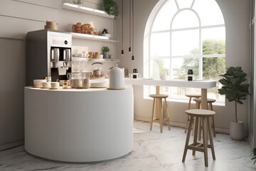 Small modern Korean style design cafe, glossy ivory white round corner counter, cake display, professional espresso machine, bar table, stool by window for interior design decoration background 3D